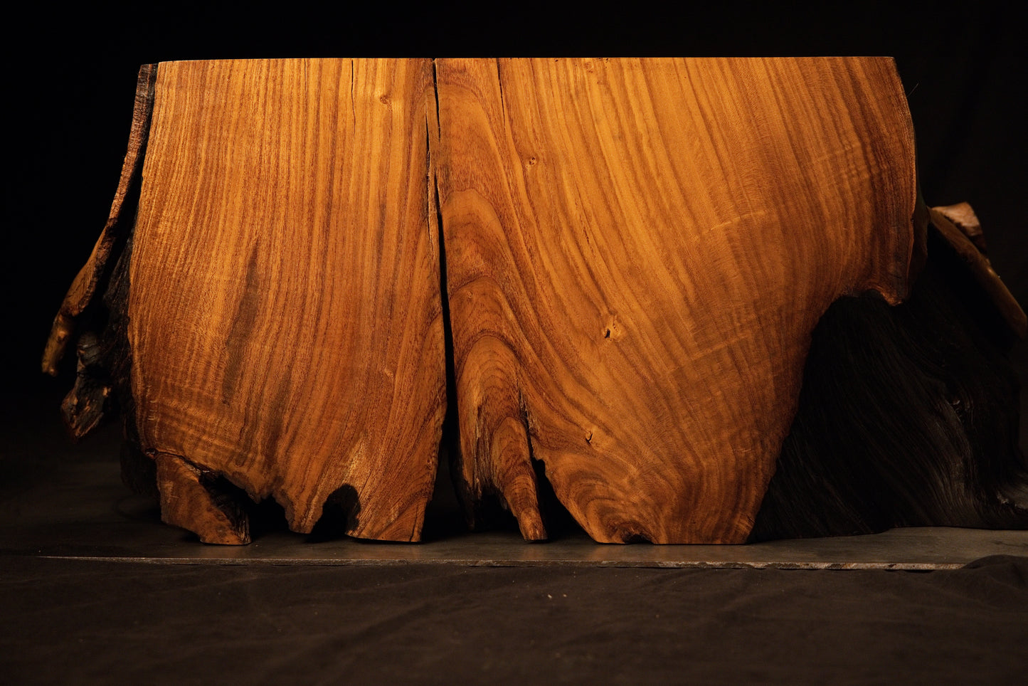 Straight-on studio presentation of the heavy biophilic timber block highlighting warm amber tones and deep base hollow areas. 