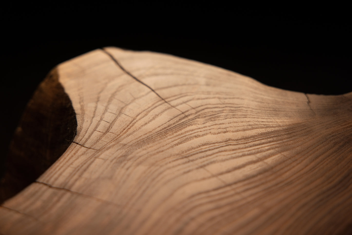 Diagonal macro angle catching a fine linear fracture line slicing across rich golden wood grain patterns on the slab. 