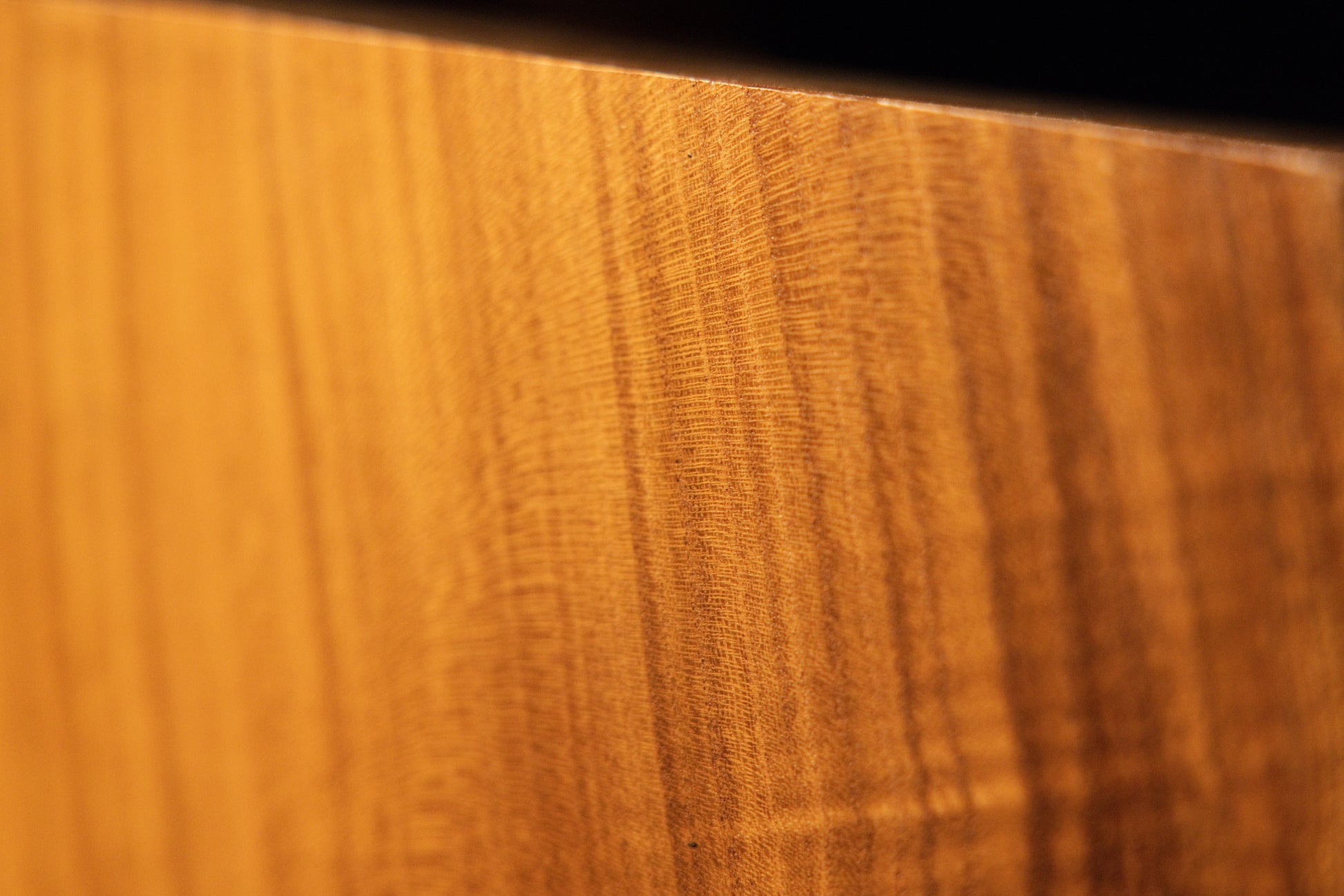 Fine-detail macro view of delicate linear wood texture running parallel near the polished top edge of the root sculpture. 