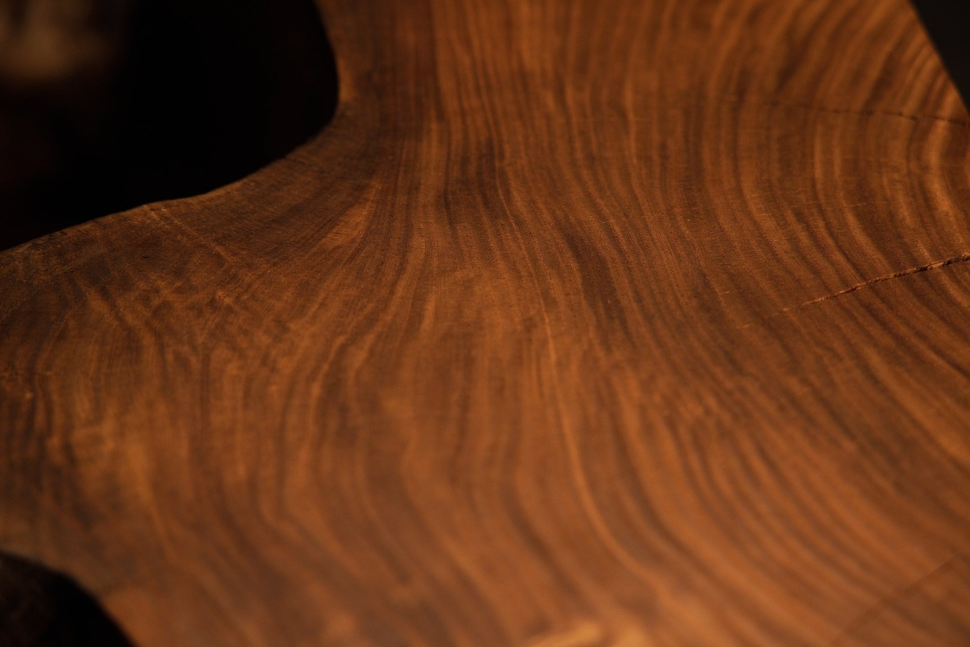 Macro photograph tracking fluid grain movement and rich organic contours across a gently sloping custom wooden surface. 