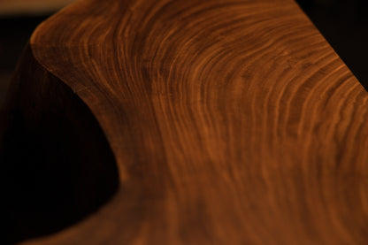 Detailed macro inspection of a smooth curved wooden surface featuring subtle growth rings and a deep dark left-edge void. 
