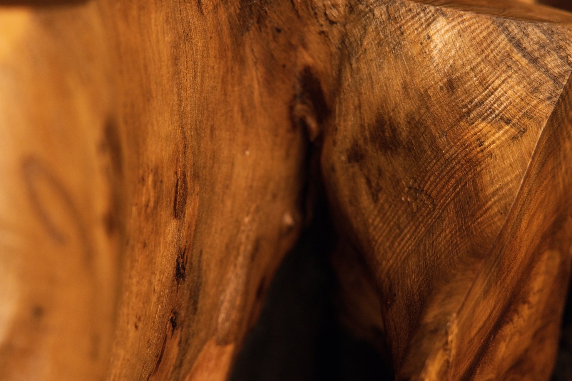 Detailed macro image showing a natural solid wood surface converging directly toward a deep vertical block fissure. 