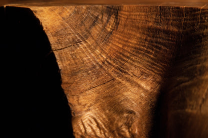 Detailed macro shot of warm amber wood grain flowing smoothly around a dark shadowed corner of the root sculpture. 