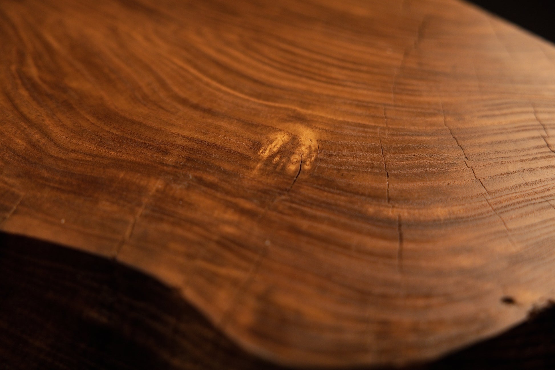 Close-up macro view centering on a striking organic wood knot surrounded by rippling golden growth ring patterns. 