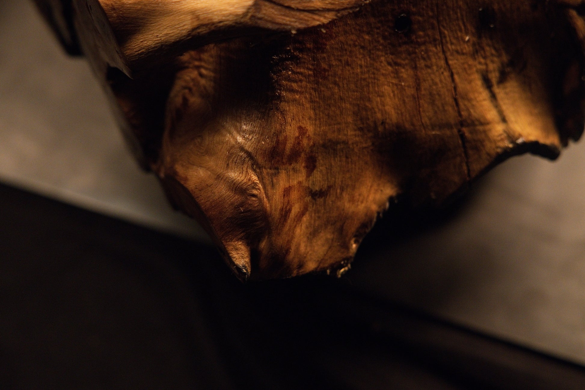 Detailed macro view of polished wood contours fading gracefully into a dark recessed shadow on the root sculpture. 