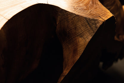 Close-up macro view focusing on a striking organic wood knot surrounded by rippling golden growth ring patterns. 